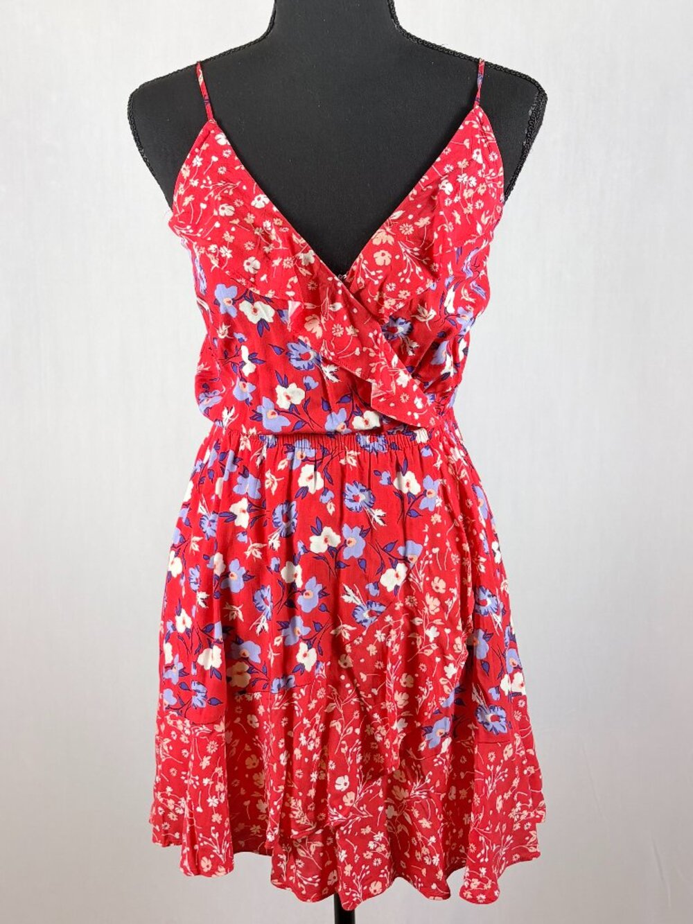 Express | Red Floral Ruffle Hem Mini Dress | XS | Sleeveless V Neck Sundress